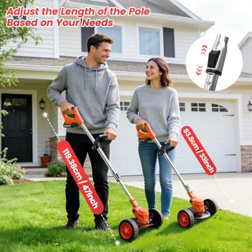Image of Cordless Grass Cutter Machine for Garden | Weed Cutting Tool | Easy Storage with Adjustable Height & Foldable Handle | 2 x 48V Battery | 25cm Cutting Width | 3 x Heavy-Duty Blades (Old-Orange)