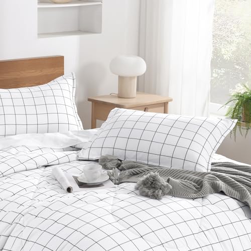 Image of Andency King Size Comforter Set White Gingham, Plaid Grid Checkered Bedding Comforter Set for King Size Bed, 3 Pieces Lightweight Reversible Modern Geometric Bedding Set(104x90 Inch)