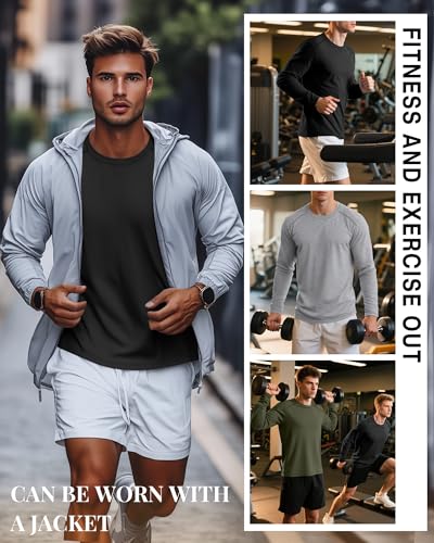 Ficerd 3 Pack Men's Big and Tall Shirts, Long Sleeve Basic T Shirts Athletic Loose Fit Tops Crew Neck Stretch Pullover Tee3