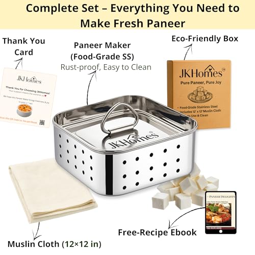 Image of Paneer Maker Steel | Stainless Steel Paneer Maker Mould Press with Muslin Cloth | Paneer Press for Homemade Paneer & Tofu | Rust Resistant, Easy to Clean (400ml)