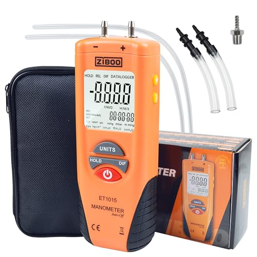 ZIBOO ET1013 Digital Manometer, Air and Gas Pressure Tester, Differential Dual Port Pressure Gauge, Large LCD Display with Backlight,HVAC Gas Pressure Tester