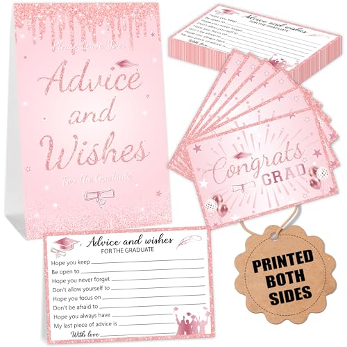 JCTHKUKU 51Pcs Pink Graduation Advice and Wishes Cards with Table Sign Guest Well Wishes Cards for the Graduate Class of 2026 Party Supplies for High School or College