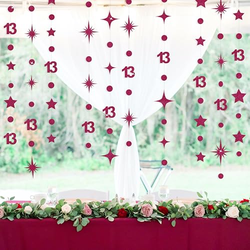 Image of Burgundy 13th Birthday Decorations Number 13 Circle Dot Star Garland Glitter Streamer Banner Backdrop for Girls Boys Official Teenager Cheers to 13 Years Old Birthday 13th Anniversary Party Supplies