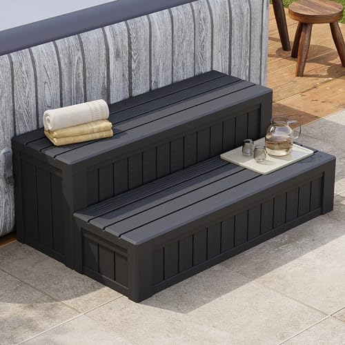 SunSwell Universal Hot Tub Steps with Storage Outdoor Spa Stairs with Storage Compartment Non-Slip Sturdy Waterproof Heavy Duty Porch Step Wood Looking Indoor Outdoor Use 600LBS Weight Capacity