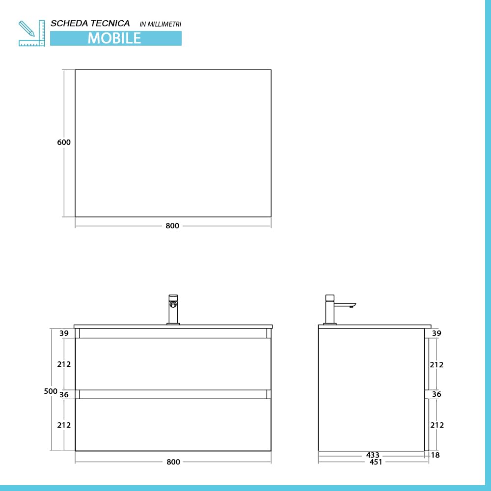 Inbagno Mobile bagno sospeso 80 cm rovere africa con 2 cassetti soft-close, lavabo in ceramica e specchio reversibile 60x80 cm, KLEO