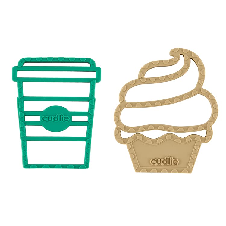 Cudlie Paquete de 2 mordedores de silicona de grado alimenticio, sin BPA, formas divertidas de alimentos para calmar las encías doloridas del bebé