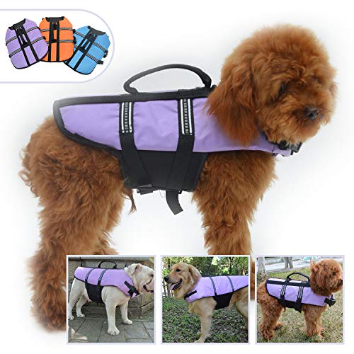 Lovelonglong Dog Lifejacket Life Jackets for Pugs Small Medium Dogs Swimming Safe Boating Coat Dog Swim Protect Reflective Vest Pet Life Preserver Purple L