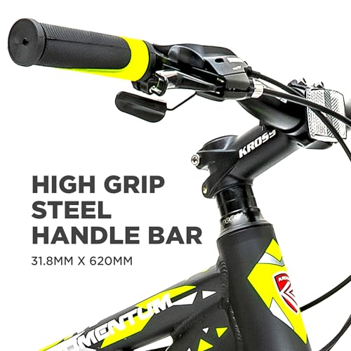 Image of KROSS Momentum 29T Unisex Matt Black Multispeed (Shimano 24-Speed) MTB | Alloy Frame with Dual Disc Brakes and Front Suspension Fork | Ideal for 15+ Years (Yellow)