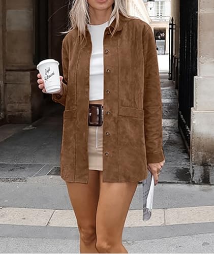 SOMTHRON Women's Faux Suede Leather Jacket Oversized Lapel Collar Button Down Long Sleeve Shacket Shirt Coat2