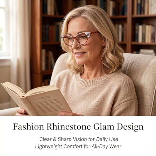 Image of ICARA Sparkling Crystal Retro Cat Eye Frame Bling Rhinestone Reading Glasses for Women Blue Light Blocking Computer Eyeglass