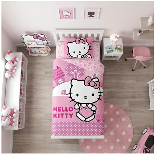BrandMac Hello Kitty Parure de lit Enfant | Housse de Couette 140x200 cm + taie d’Oreiller 50x70 cm | 100% Coton | Doux et Respirant | Design Officiel Hello...