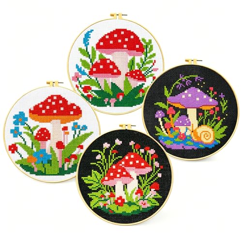 Image of Zhenqing 4 Mushroom Cross Stitch Kit for Beginners, 11CT Printed White Cotton Fabric 24x24cm with Hoop, Fantasy Forest Embroidery Set(69036)