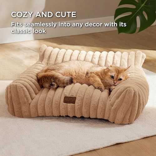BEDSURE Katzenbett groß orthopädisches Katzensofa - 61x46x25cm Hundesofa kleine Hunde waschbar Katzencouch, rutschfeste Katzenbett flauschig, Kamel