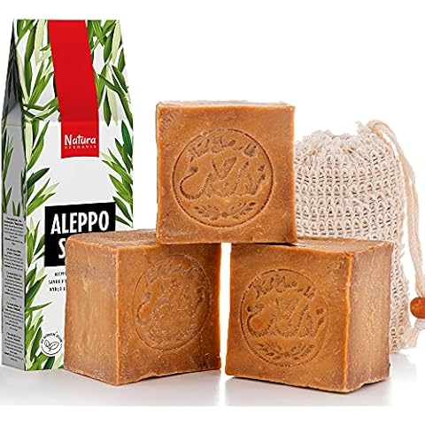 Natura Germania® 3x je ca. 200 gr (ca. 600 gr) original Aleppo Seife Set 90% Olivenöl / 10% Lorbeeröl + Sisal Seifensäckchen | Bekannt aus dem Öffentlich-rechtlichen - Naturseife Cover