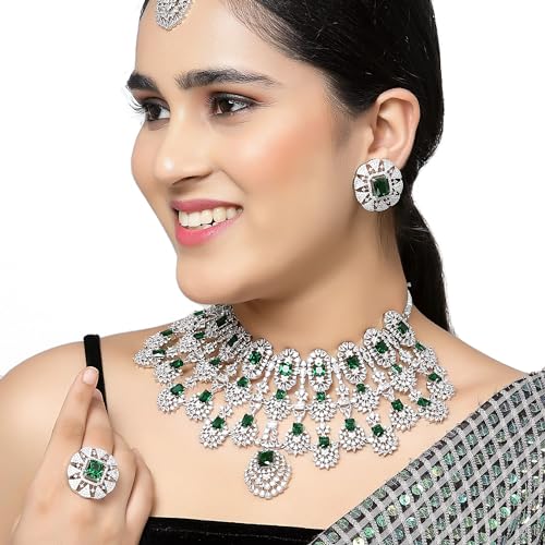 Image of ZENEME Rhodium-Plated American Diamond Studded Tasselled Necklace With Earrings Ring & MaangTikka Jewellery Set For Girls and Women