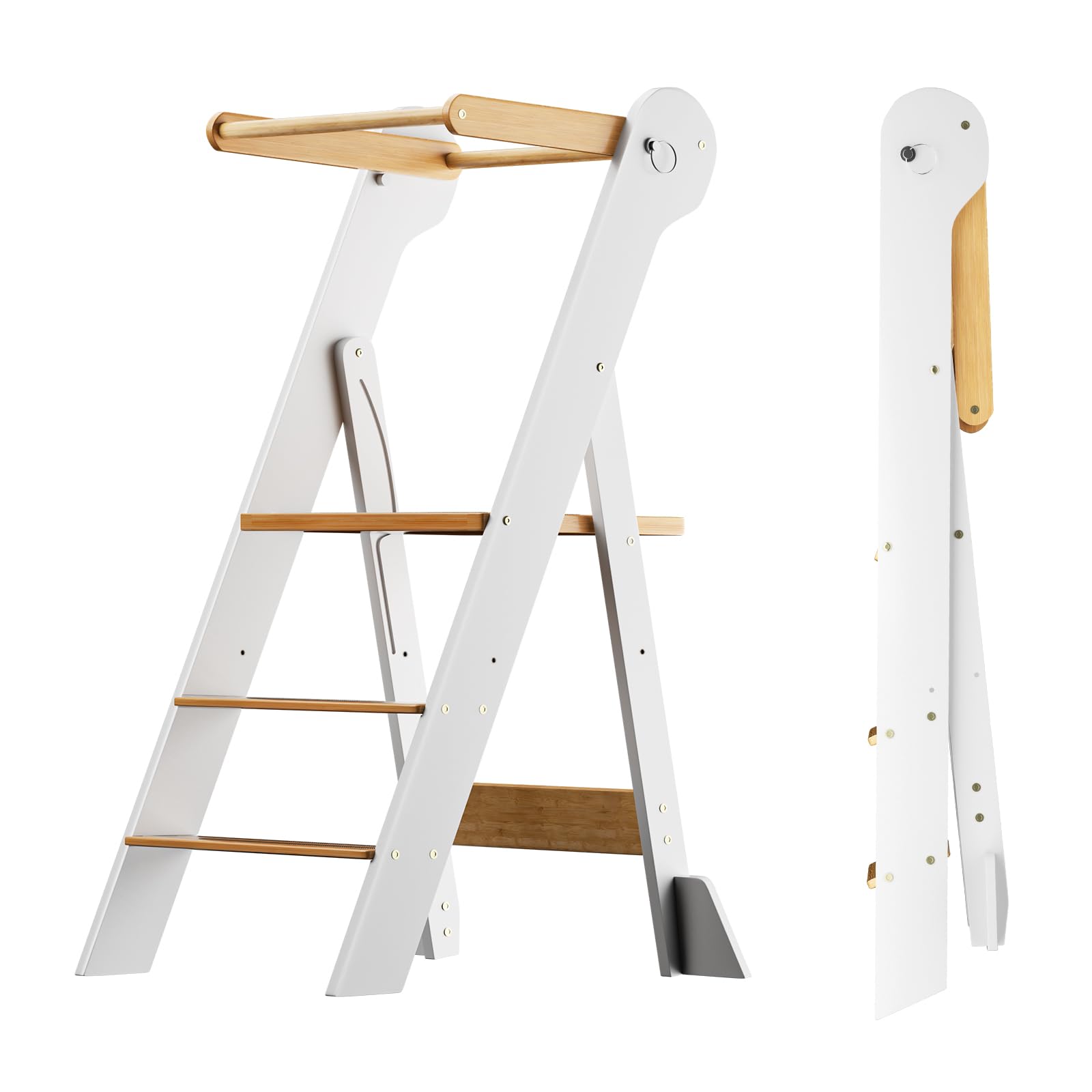 COSYLAND Torre Montessoriana Pieghevole per Bambini – Torre Montessoriana Bambini Regolabile in Altezza, Premontata al 95%, Design Salvaspazio, Ideale per Cucina o Bagno (Bianco e Naturale)