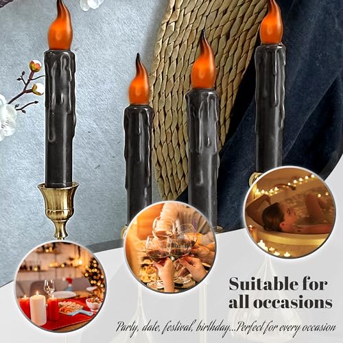 Image of Real Wax LED Flameless Halloween Short Taper Candles with Remote, 6.7 Inches Black Candlesticks, Dripless Battery Operated Flame Rustic Primitive Flameless Lights Decor, Pack of 2