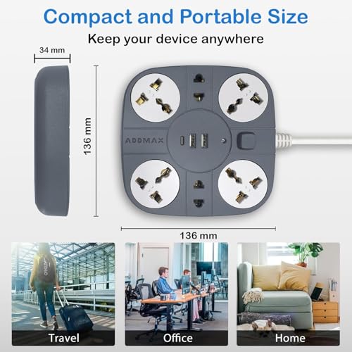 Image of ADDMAX Extension Board with USB | 6 Power Sockets, 2 USB Ports + 1 Type-C Port | 5 Meter Heavy Duty Cord | 10A 220V Multi Plug Extension Cord | Fireproof Power Strip for Home, Office & Laptop - Grey