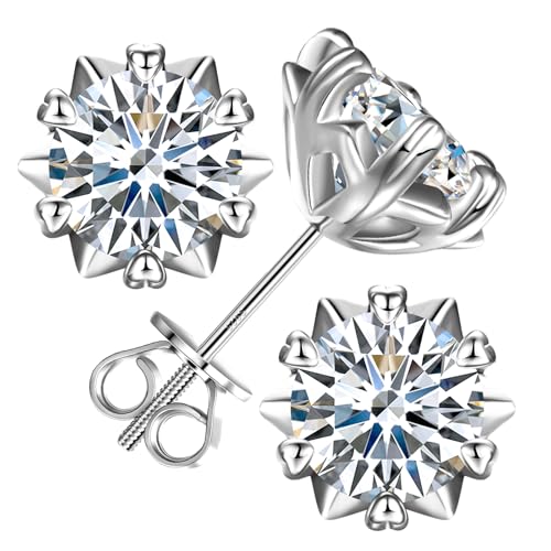 Moissanite Snowflake Stud Earrings Screw Back for Women 0.3CT 4MM*2 18K White Gold Plated 925 Sterling Silver D Color VVS1 Clarity Moissanite Heart Earrings
