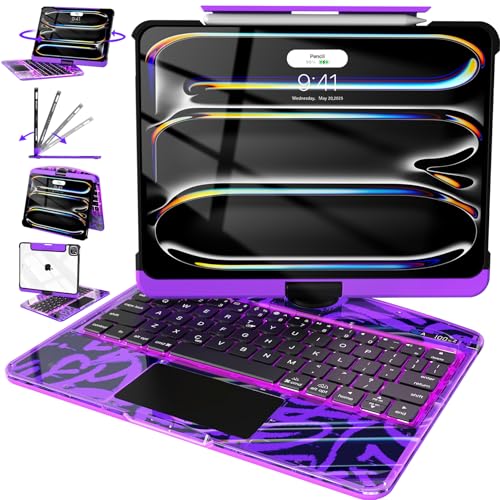 Image of Intermerge Transparent Case with Keyboard for iPad Pro 13 inch (M5 / M4,2025 /2024) 2024, 360 Multi-Touch Trackpad, 7-Color RGB Backlit Keyboard, Pencil Holder, Type-C, Power Indicator - Neon Pulse