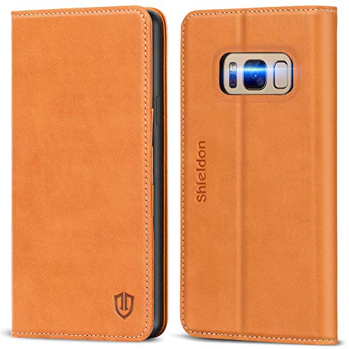 SHIELDON Galaxy S8 Plus Case, Genuine Leather S8Plus Wallet Case Credit Card Slots Magnetic Folio Cover Kickstand Shockproof Protective Case Compatible with Galaxy S8 Plus (6.2 Inch) - Brown