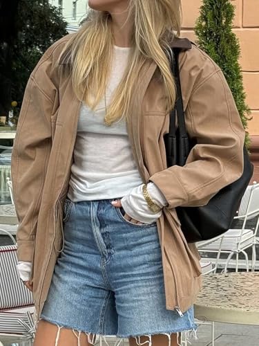 Women's Barn Jacket Faux Suede Leather Jackets Oversized Casual Adjustable Waist Coat with Pockets2