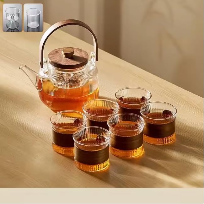 Wooden Teapot & Transparent Tea Cup Glass Tea Set – Elegant Glass Tea Pot with Wooden Handle, Tea Set for Home, Office, and Tea Lovers (7)