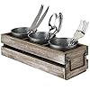 MyGift Rustic Brown Wood Utensil Holder with Handle and 3 Galvanized Metal Buckets, Kitchen Countertop Flatware Caddy