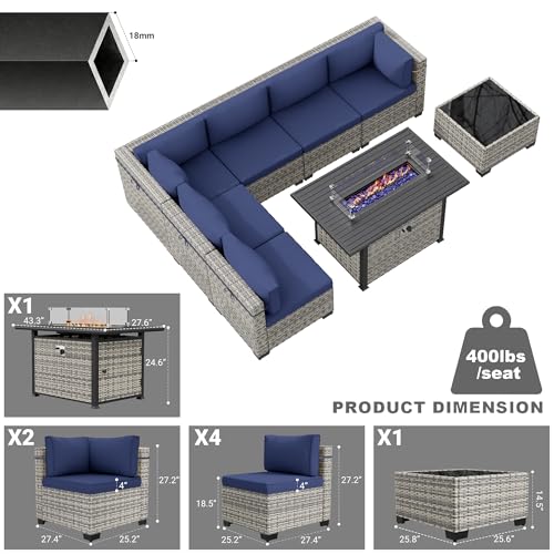 Image of 8-Piece Modern Patio Furniture Set with 55,000 BTU Fire Pit Table, Thick Cushions, Dual-Strand Wicker Rattan, Rust-Resistant Frame, Navy Blue