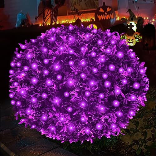HISHINY Halloween Lights Outdoor 100LED 5ftx5ft Purple Net Lights with Connectable Waterproof UL Certified and Durable Green Wire Design for Bushes Trees Outdoor Indoor Party Decorations(Purple)