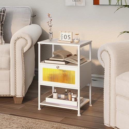 Image of EXOTICA White Nightstand with Charging Station and USB Ports Small End Table with Acrylic Drawer Narrow Sofa Side Table for Bedroom Living Room 15.74 inch Lx 11.8 inch Wx23.42 H