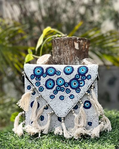 Image of Maresse Handcrafted Evil Eye Beaded Crossbody Boho Purse - Bohemian Tassel Bag for Women with Chain - Unique Style Shoulder Handbag - Trendy Festival Fashion Accessories & Chic Essentials