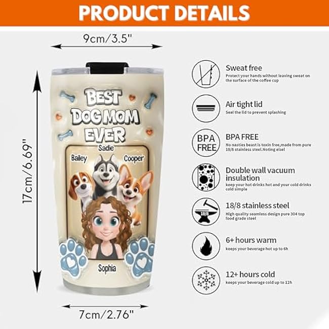 Custom Dog Mom Tumbler ¨C Personalized Best Dog Mom 20 Oz Tumbler, Custom Coffee Cup for Women, Gift for Her, Mommy