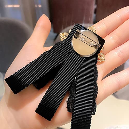 Lace Ribbon Bow Tie Brooch Rhinestone Pearl Necktie for Girl Women Fashion jabot collar brooch pins Pre-Tied Corsage2