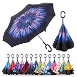 LLanxiry Windproof Inverted Umbrella, Large Reverse Umbrellas for Rain with C-shaped Handle Big Upside Down Inside Out Umbrella for Women & Men (blue flower)
