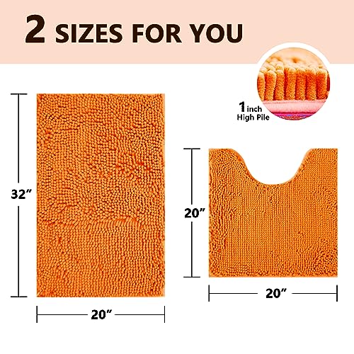 Image of BOANKODU Bath Mat Sets 2 Piece, Soft Chenille Absorbent Non-Slip Mat, 32x20 U Shape + 20x20 Inch; Machine Washable (Orange)