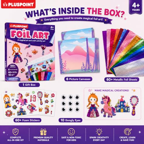 Image of PLUSPOINT Unicorn Foil Art Kit for Kids Ages 4-8, DIY Arts and Crafts Kit, Metallic Foil Craft Set, Peel and Press Sticker Art, 6 Picture Canvases, 60+ Foil Sheets, Creative Gift for Girls