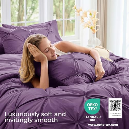 Image of Sasttie Queen Comforter Set, 7-Piece Bed in a Bag, Pintuck Bedding Sets for All Season, Includes Comforter, Flat Sheet, Fitted Sheet, Pillowcases and Pillowshams, Grape Purple