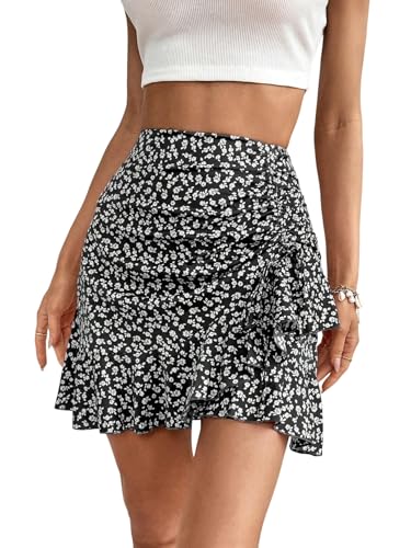 EARKOHA 2025 Skirts for Women Ditsy Floral Print Drawstring Ruffle Hem Skirt Black M