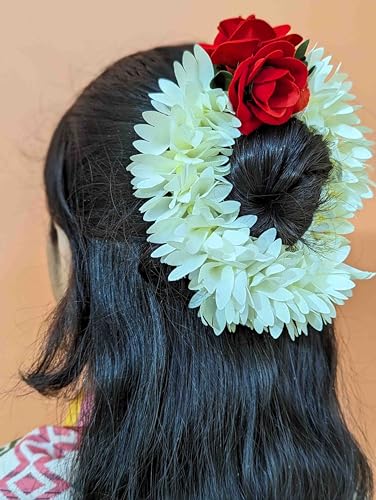 Image of Veni Gajra Hair Bun Artificial mogra Jasmine With Gulab Juda Scrunchies For Women Pack 4 pieces (gulab-white)