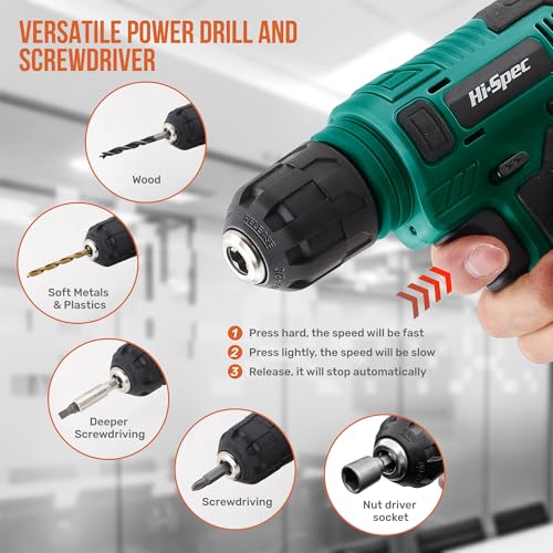 Image of Hi-Spec 8V Cordless Drill and Tool Kit with Essential Hand Tools, Green | Power USB Rechargeable, Home Improvement, faster holes and screwdriving, portable, light-duty project, home setup help
