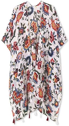 Spicy Sandia Swimsuit Cover ups for Women with Tassel Open-Front Kimono Cardigan with Vintage Floral Print Beach Cover up White-Flower