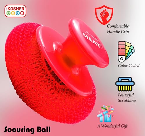 Image of The Kosher Cook Meat Red Scouring Pad with Comfortable Handle Ergonomic Easy Grip Dishwashing Cleaning Sponge Brush Color Coded Home and Kitchen Accessories