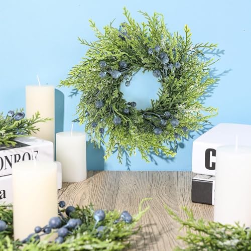 Image of 4 Pcs 3 inch Blueberry Candle Rings Spring Wreaths Mini Berries Table Centerpieces Wreaths Farmhouse Green Small Wreath for Pillars Kitchen Cabinet Front Door Porch Wall Decoration