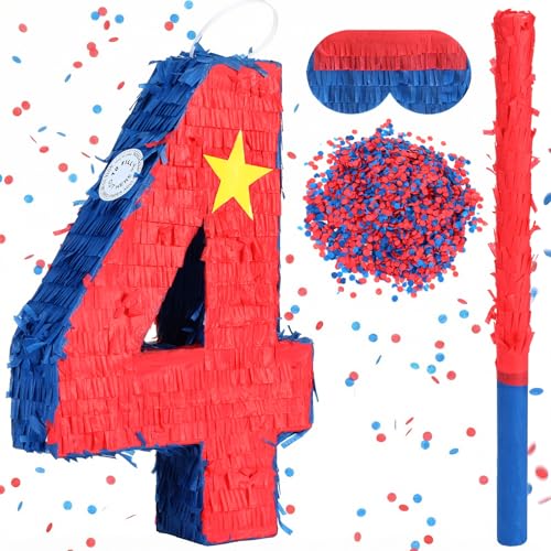 Soulchen Patriotic leader Number 4 Piñata with Stick Blindfold Confetti Classic Comic Star Piñatas Inspirational Birthday Party Game Supply Decorations, 16.1 x 10.6 x 3 Inch
