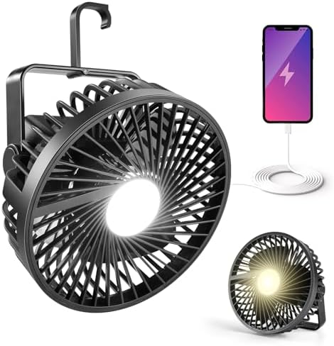 Odoland Camping Fan with Lantern, 7500mAh Rechargeable Battery Operated Fan with Hang Hook, Portable Camp Tent Fan with LED Light, USB Table Fan for Outdoor, Hurricane Emergency, Hiking, Power Outages