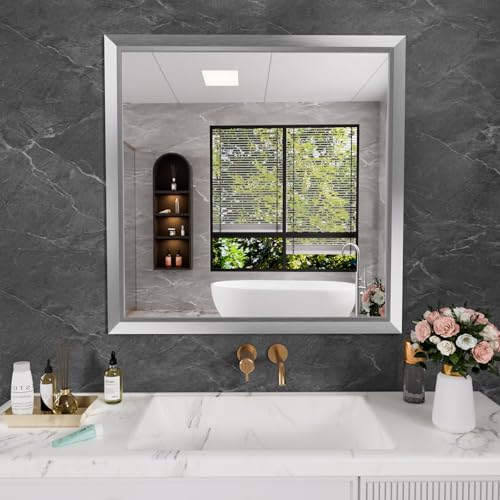 Amorho 36x36 Inch Bathroom Mirror Silver, Thick Metal Framed Wall Mirrors for Over Sink, Brushed Nickel Mirror Perfect for Bedroom, Living Room, Entryway, Rectangle (Horizontal/Vertical).