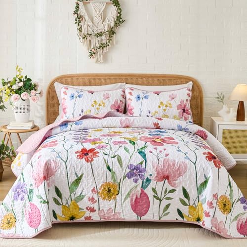 Anibedding Quilt Set Full Size, Reversible Pink Floral Bedspread Soft Microfiber Lightweight Quilt Bedding Sets Flower Coverlet for All Season(Full, 78