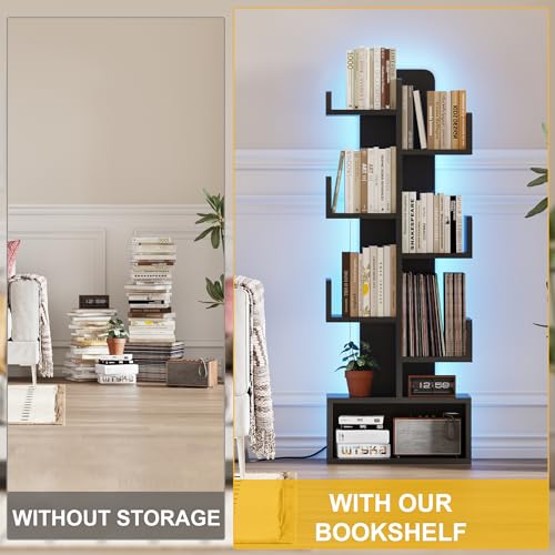 Image of Qupui 6-Tier LED Bookshelf, 47 inch Tall Cactus Corner Bookcase, Black | RGB 22 Modes 6 Brightness Levels. Cactus-inspired Tree Design. Engineered Wood. 6 Shelves Hold 5-10 Books Each. For Bedroom