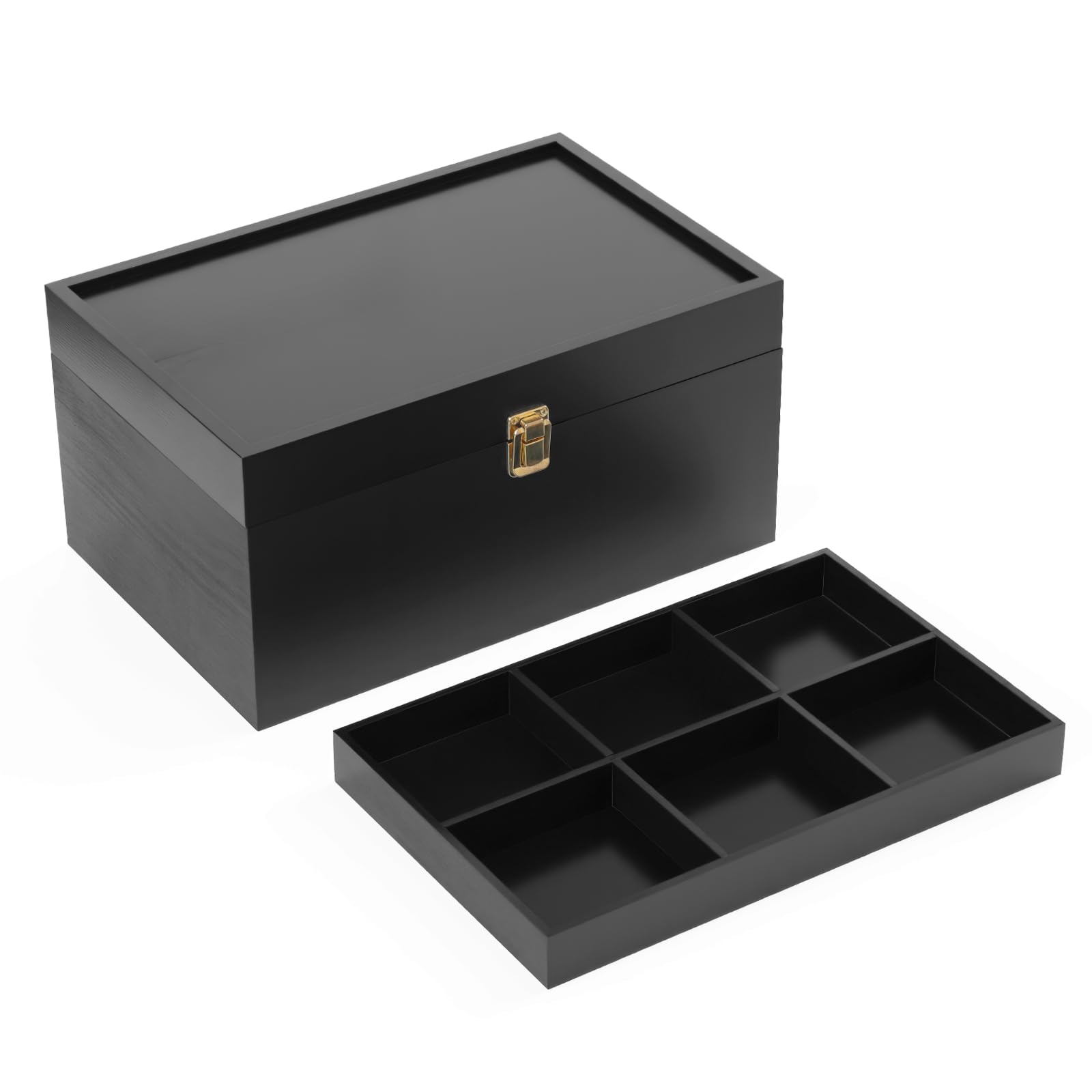 Wooden Storage Box, 12.6x8.3x6.3 inches Large Bamboo Wood Keepsake Box with Adjustable Tray and Divider Decorative Boxes with Hinged Lid Stash Box for Sewing Jewelry Tool Gift, Memory Storage, Black